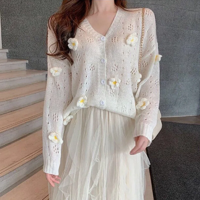 

Spring 2020 new item hollow knitted cardigan jacket V-neck loose solid color top
