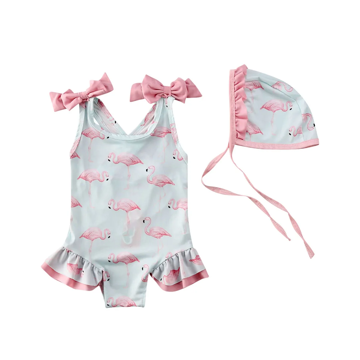 

Baby Girl Flamingo Print Swimsuit with Bonnet Sun Hat Ruffle Bowknot Swimwear 1-6Y Toddler Kids Summer Bathing Suit Beachwear