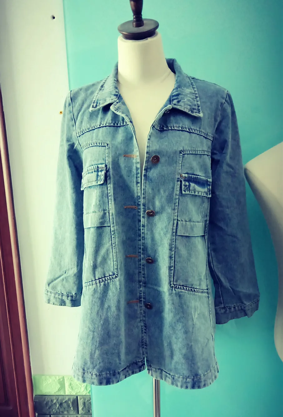 Джинсовая куртка женская с длинным рукавом винтажный облегающий пиджак