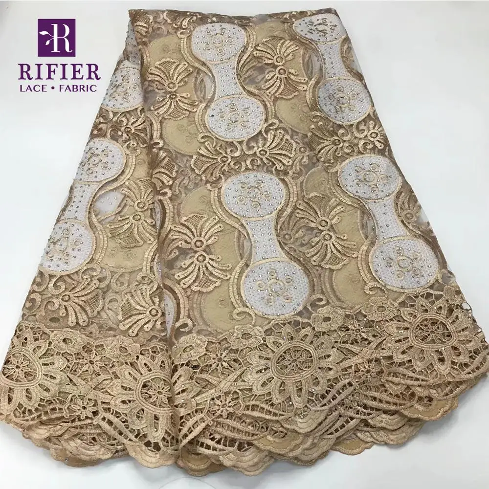 

Classical Party Dress Design Stones Special Embroidered Milk Silk Cord Indian Nigerian Rhinestones Guipure Gold Line Lace Fabric