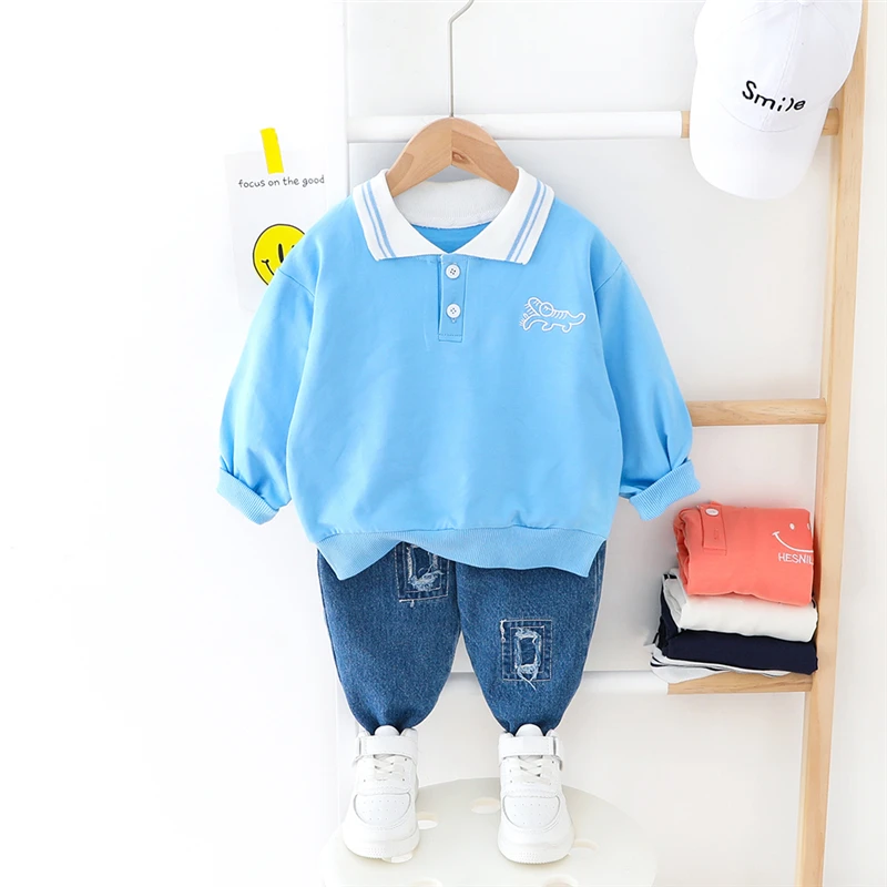 HYLKIDHUOSE Spring Baby Girls Boys Clothing Sets Kids Children Cartoon Lapel T Shirt Jeans Toddler Infant Casual Clothes Outfit | Детская