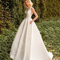 herburnl simple wedding dress v neck sleeveless lace satin a line dress ivory prom beach temperament new