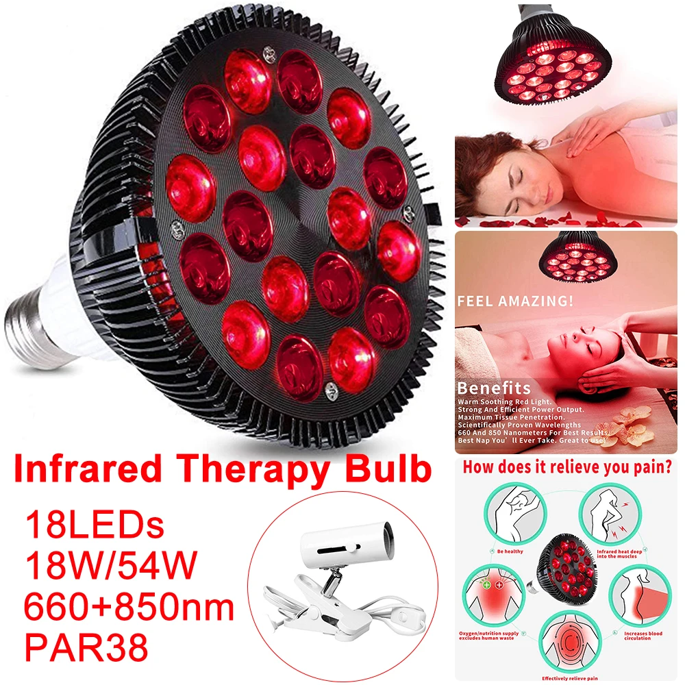 

660nm Red and 850nm Near Infrared Combo Red Light Bulb for Skin and Pain Relief Therapy Lamp 18W 54W 18 LED Therapy Device D30