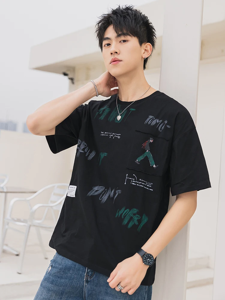 

2021 Men T-shirts Short Sleeve Shirts Letter Print 100% Cotton Fashion Mens Top Tees Round Neck Male Tshirt Casual Summer Wear