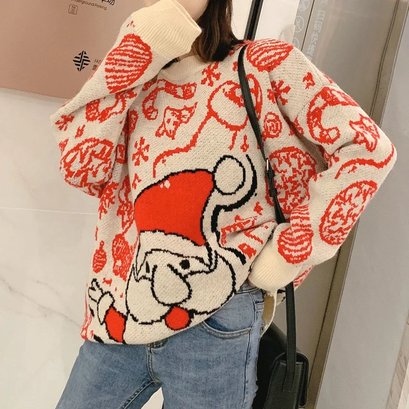 

Рождественский свитер с Санта Клаусом, женские повседневные свободные вязаные пуловеры, свитера, свитер с длинным рукавом