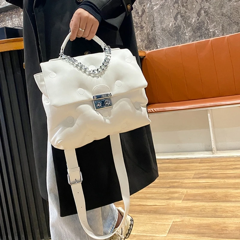 

Women Retro Faux Leather Large Crossbody Bag Top Handle Chain Tote Purse Embroidery Thread Dot Solid Color Shoulder