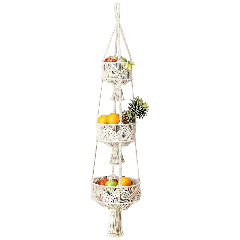 

3 Tier Hanging Fruit Basket for Kitchen, Macrame Hanging Basket for Fruit and Vegetable Storage, Boho Wall Baskets
