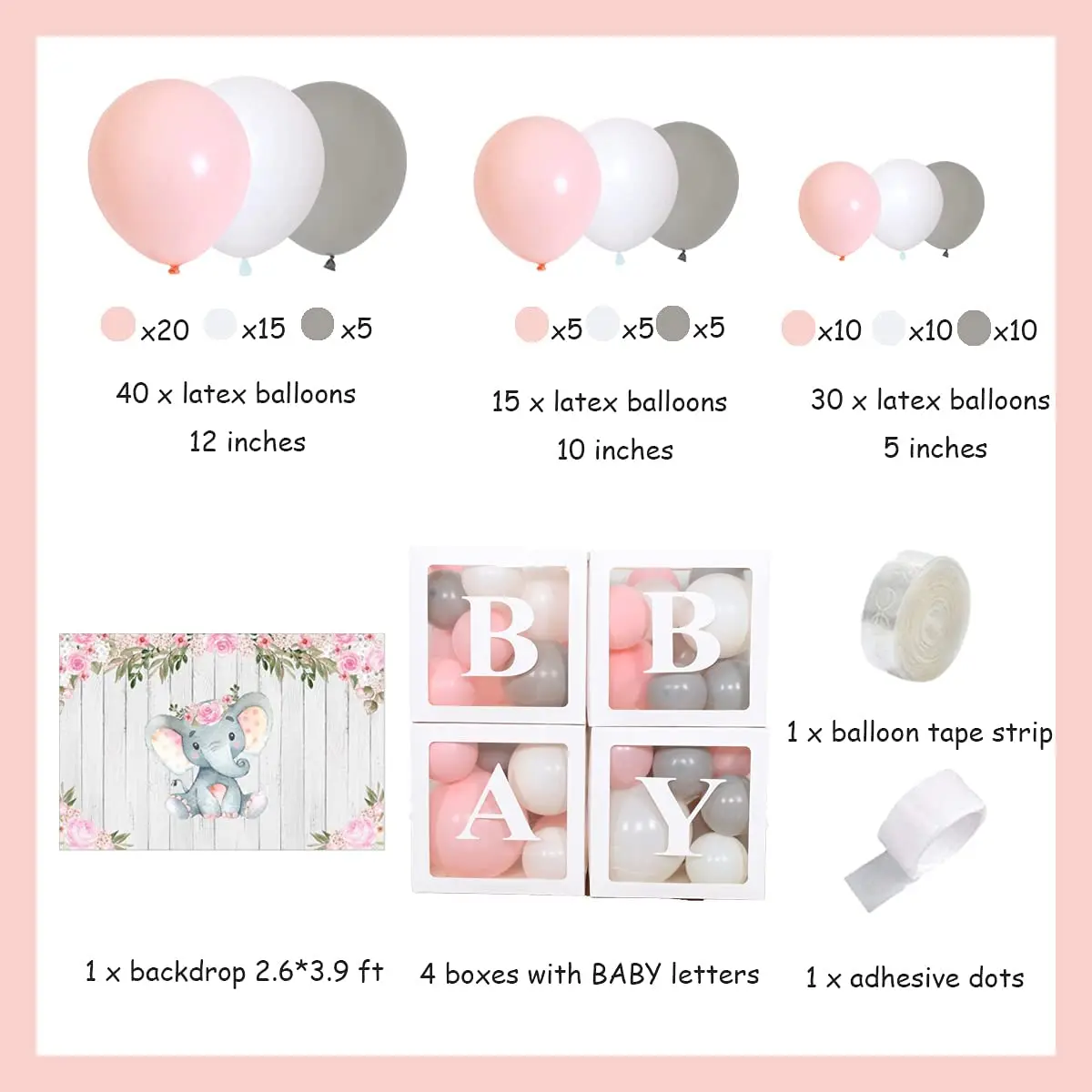 Decoraci&oacute;n de elefante de ba&ntilde;o de beb&eacute; para ni&ntilde;a, pancarta de fondo rosa, cajas de globos para ni&ntilde;a, suministros de fiesta de cumplea&ntilde;os para Baby Shower-1