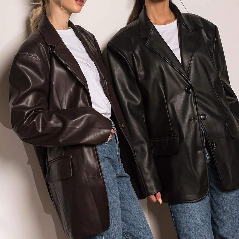 Модные свободные блейзеры из искусственной кожи женские элегантные однотонные