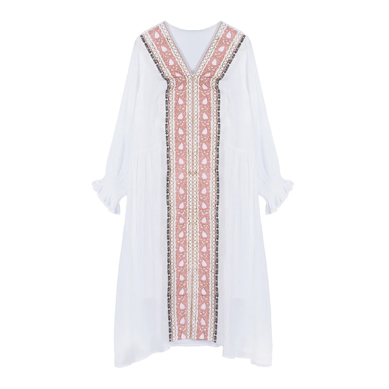 

PERHAPS U Women White V-neck Bohemian Embroidery Lantern Long Sleeve Empire Holiday Midi Dress Spring Summer Indie Folk D2489