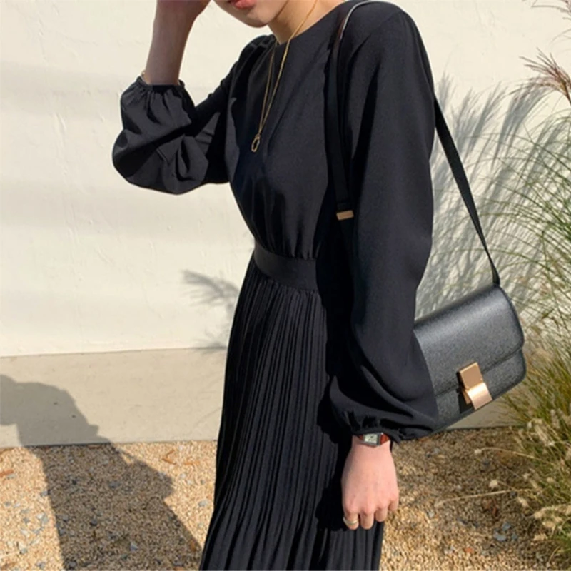 BGTEEVER элегантное Плиссированное женское платье с круглым вырезом винтажное на