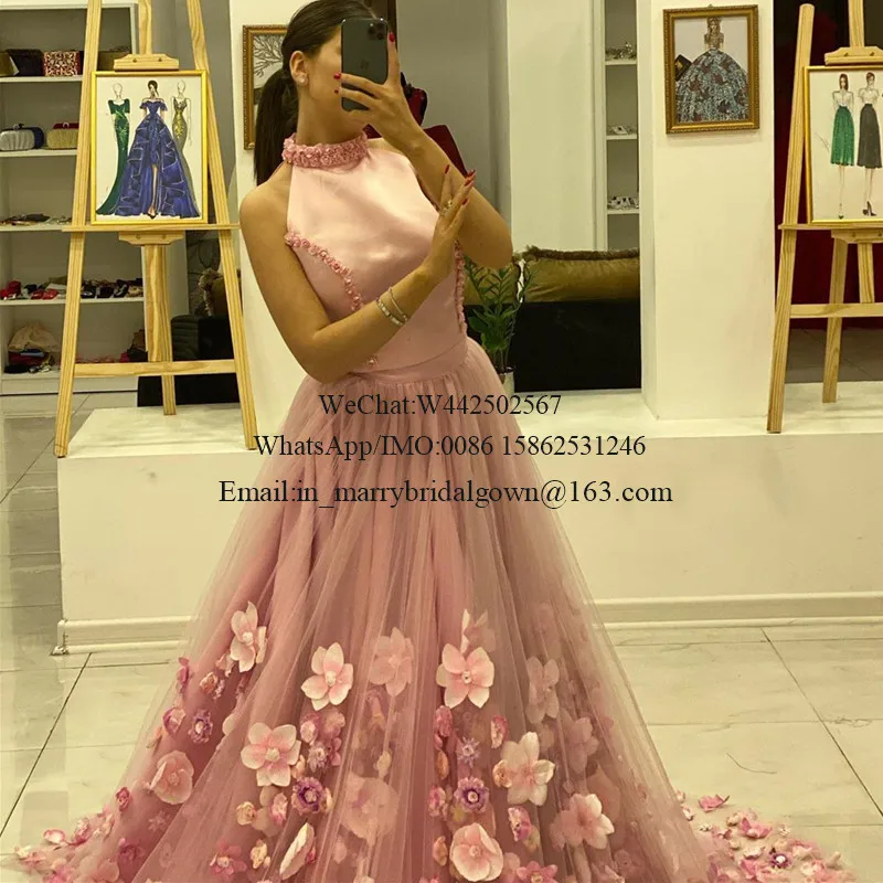 Luxury Pink 3D Flowers Cheap Prom Dresses 2020 A Line High Neck Plus Size Princess Girls Birthday Sweet 16 Formal Evening Gowns