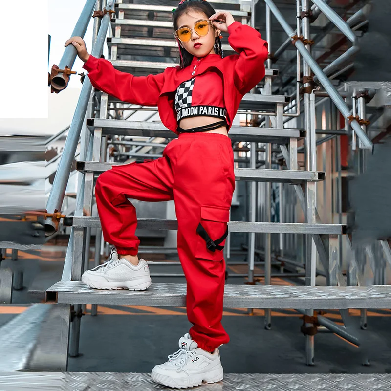 

New 3 Pieces/ Set Girls Jazz Dance Clothes Children Hip Hop Red Suit Modern Street Dance Show Performance Clothing 120-160cm