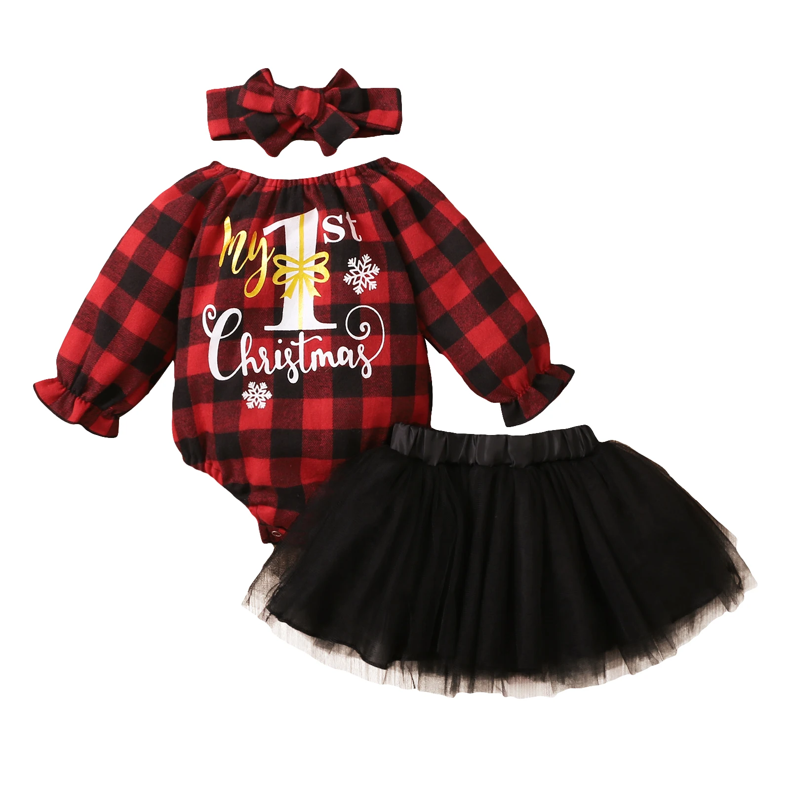 

My First Christmas Clothes Christmas Clothes Set Printed Pattern Long Sleeve Romper Overalls Black Yarn Skirt and Headdress