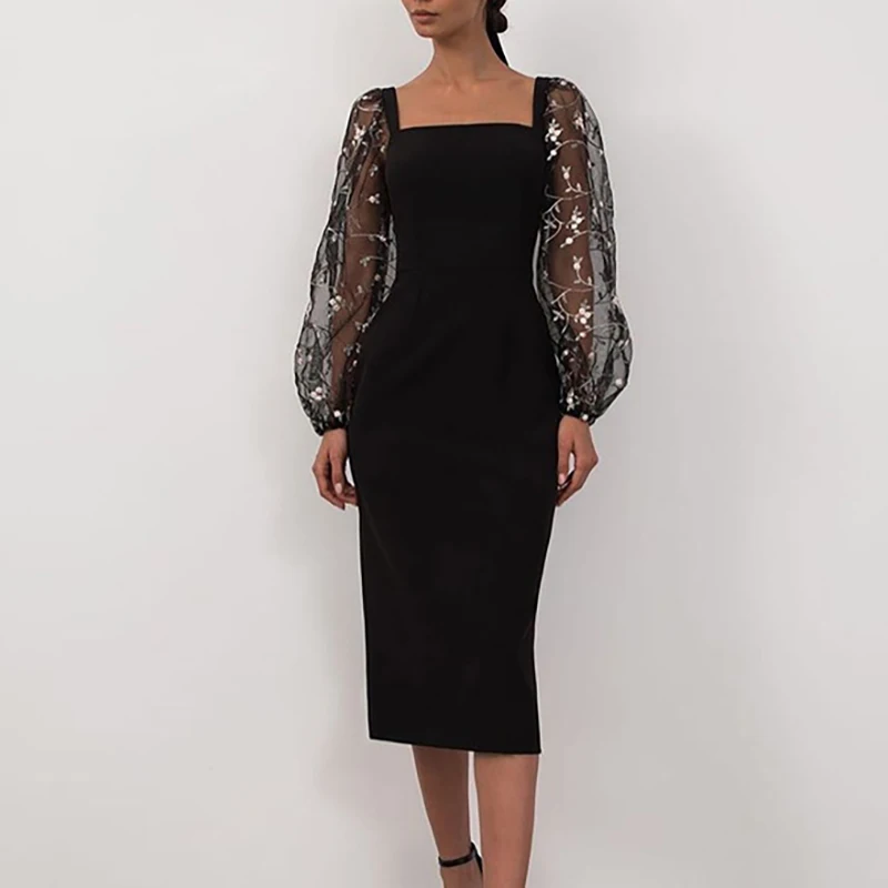 

Women Vintage Square Collar Mesh Long Sleeve Party Dress Sexy Lady Backless Slim Mid-Calf Dress Spring Fashion New Dress Vestido