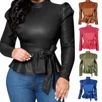 womens ol office pu leather top long sleeve turtleneck slim sexy t shirts