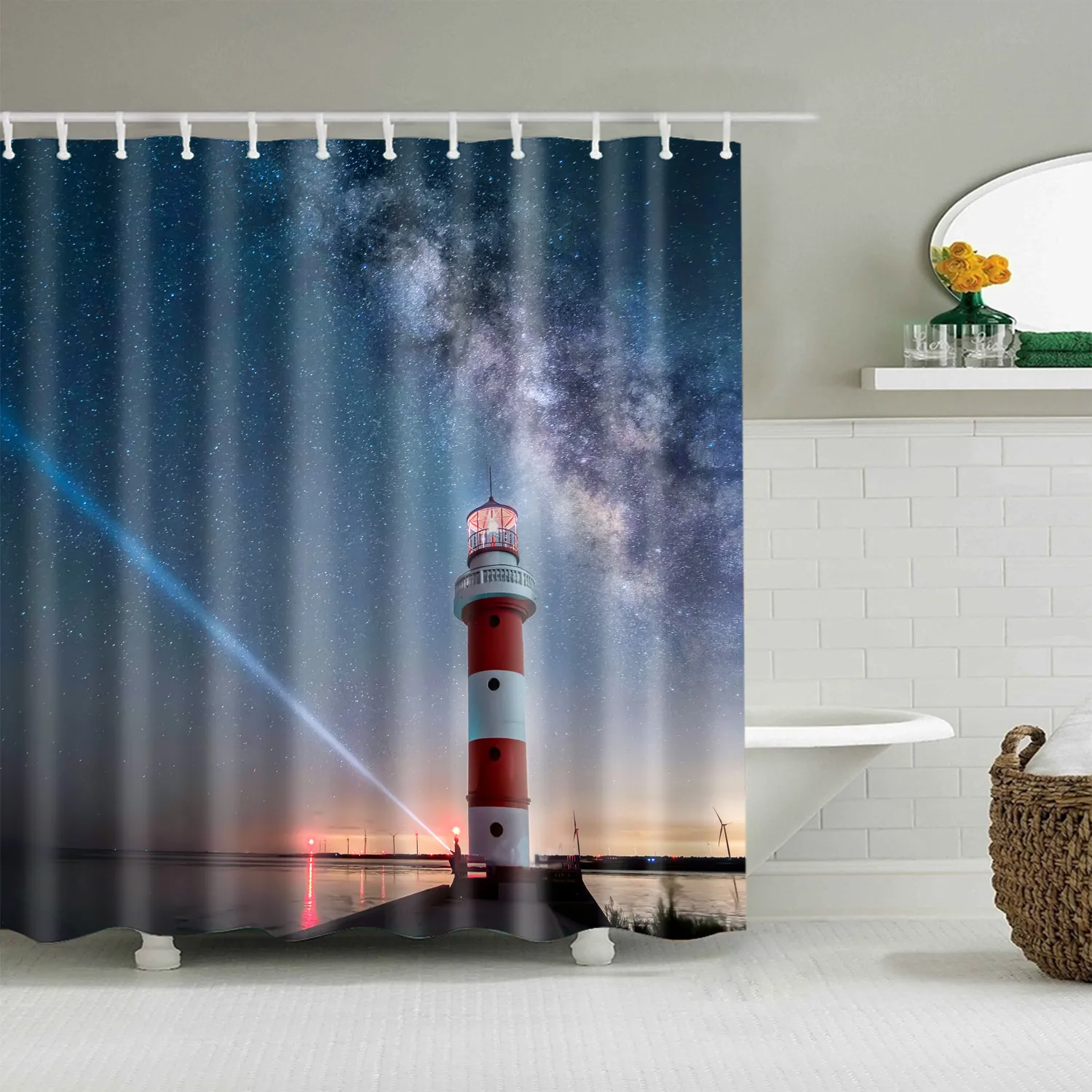 

Lighthouse Galaxy Shower Curtains Dream Night Starry Sky Bathroom Decor Waterproof Polyester Fabric Hanging Curtain Set Cheap