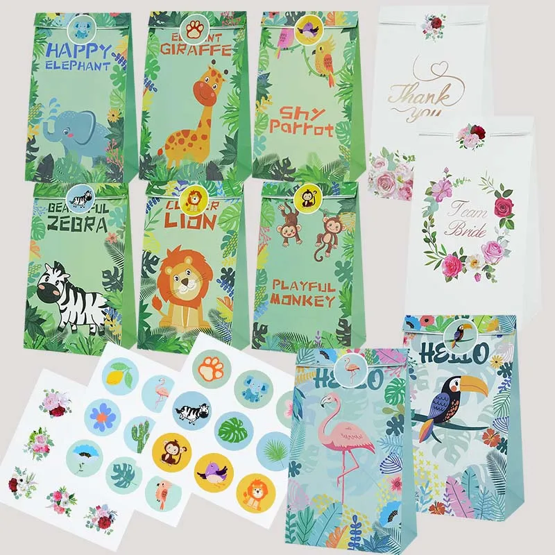

12-15pcs Gift Bags With Sticker Flamingo Thank You Jungle Theme Party Animal Candy Hawaii Birthday Party Decorations Baby Shower