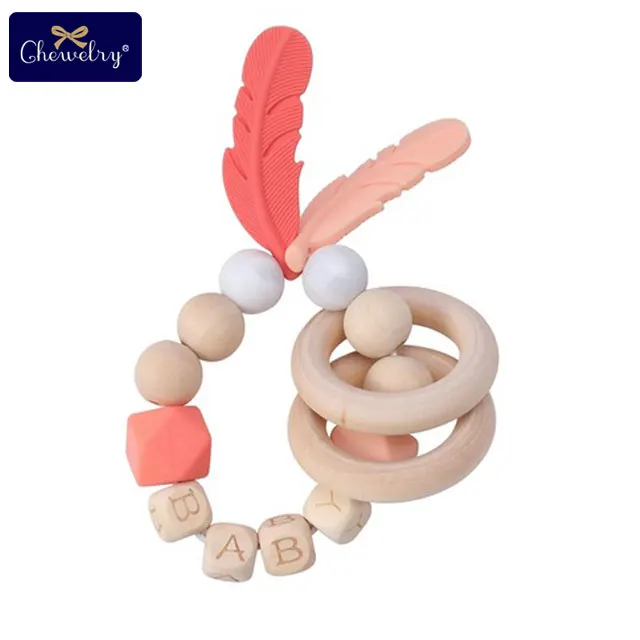19CP0103 1 шт. детские игрушки Силиконовый браслет с перьями бука деревянные Прорезыватели для зубов DIY Детские Настраиваемые имя деревянные погремушки Прорезыватели грызунов - Цвет: 19CP0103