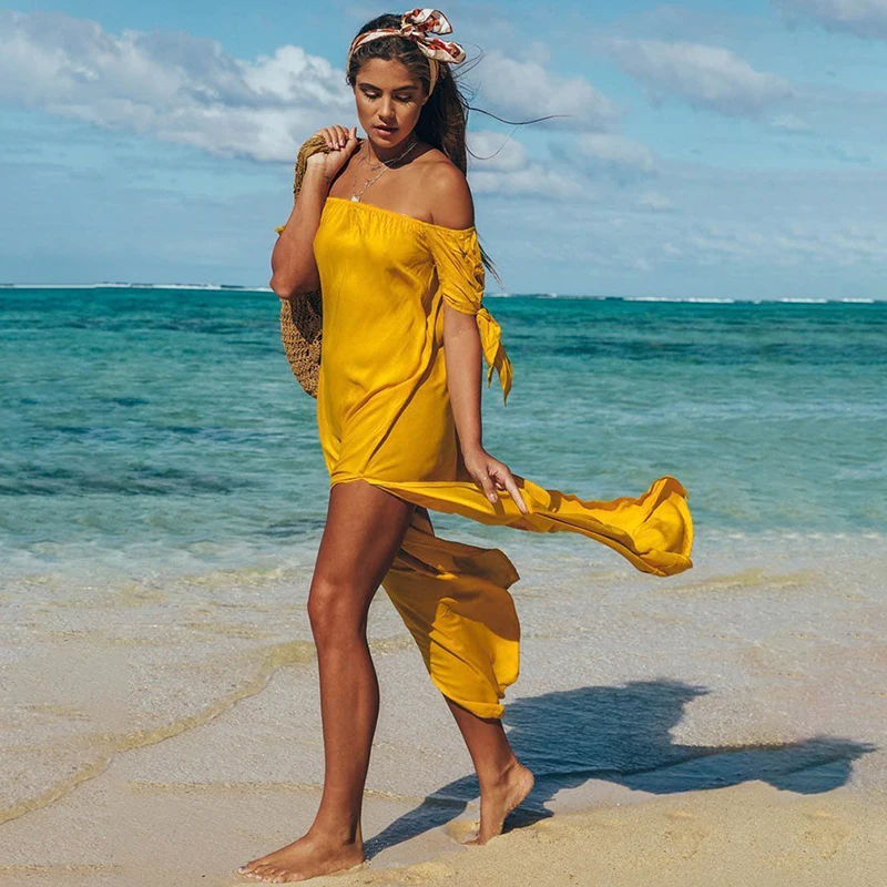 

Summer 2021 Sexy Irregular Split Women Dress Fashion Sexy Bohemian Slash Neck Long Dress Casual Off The Shoulder Beach Dress