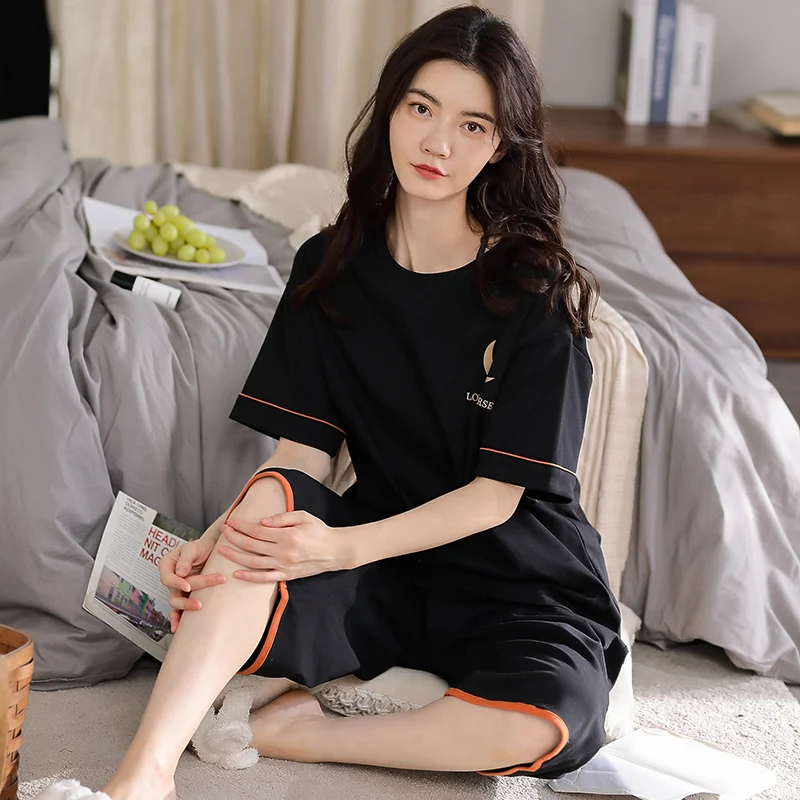 

Unique Design Long Trousers Ladies Home Wear Summer Pajamas Set Women Comfortable Cotton Nightwear Moon Logo Short Sleeve Tops