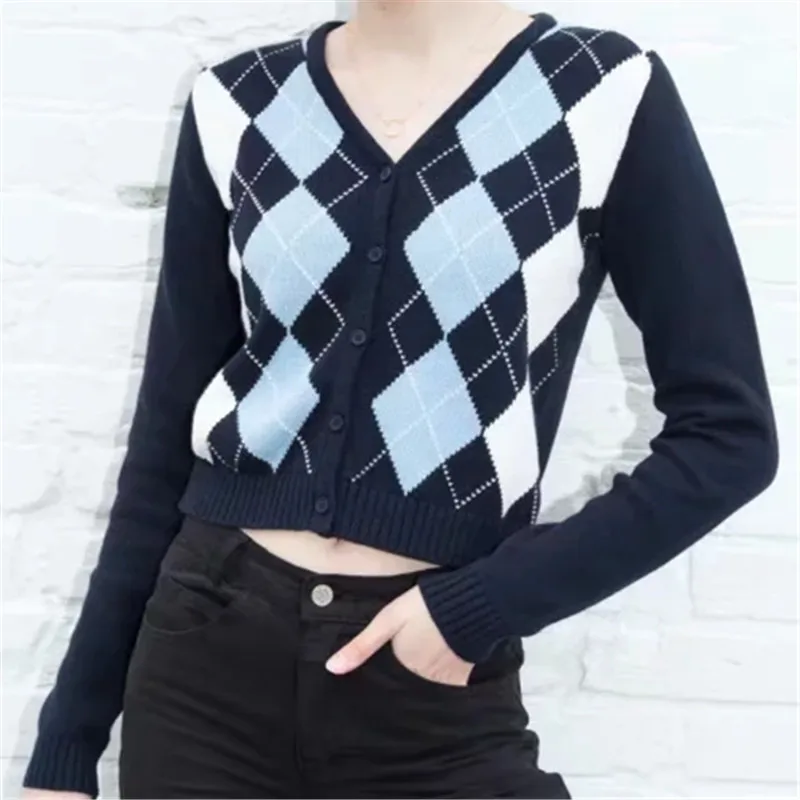 Women Cardigan Argyle Knit Sweater Vintage Stylish Geometric Pattern Slim Crop Top V-Neck England Style Long Sleeve Outerwear |