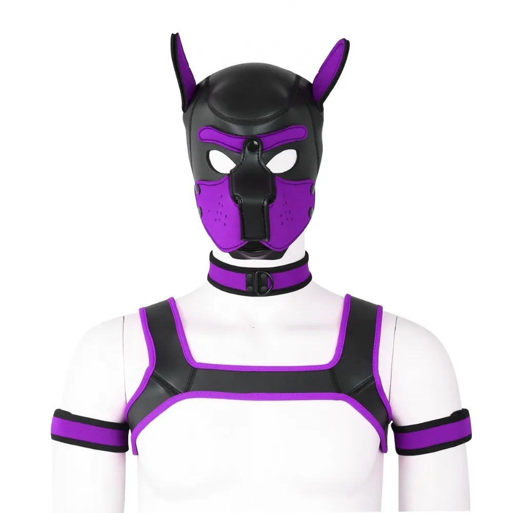 Фиолетовый Puppy Play Dog Bondage Hood Mask Collar Armband Cosplay Fantasy Harness Bondage Sexy Set Adult Games Slave Pup Role Play Couples - Цвет: Фиолетовый