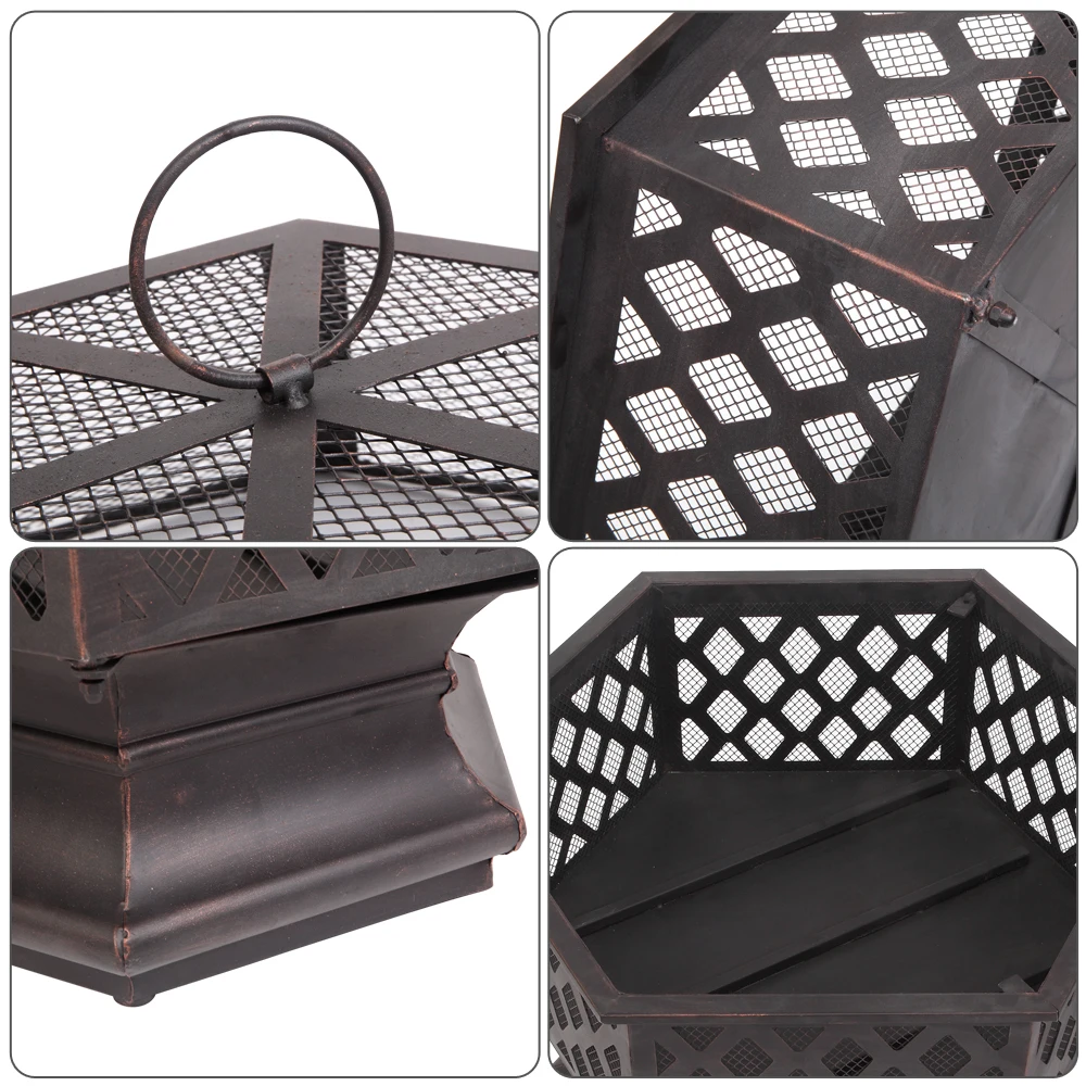 

22" Hexagonal Shaped Iron Brazier Wood Burning Fire Pit Indoor Outdoor Accessories Camping Garden Backyard Poolside Decoration