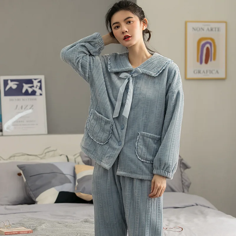 Flannel Pajamas Women Thicken Keep Warm Winter Tracksuit Korean Girls Outside Wear Coral Velvet Suits Sleepwear Two Piece Set