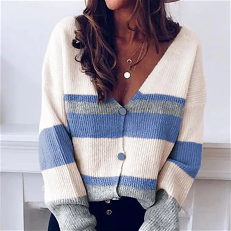 

V neck Knitted Cardigan Sweater Button Striped Stitching Sweater Cardigan Color Matching Sweaters 2021 Autumn Women New Sweaters