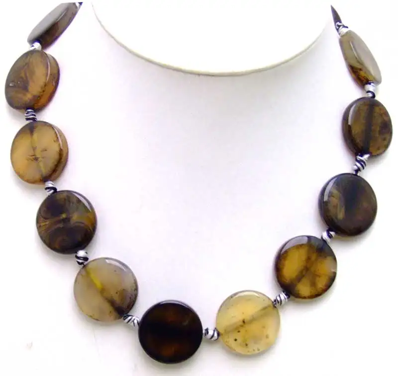 

Qingmos 25mm Coin Round Natural Gray Vein Agate Necklace for Women Natural Stone Chokers 18" with Multicolor Thread Nec5807