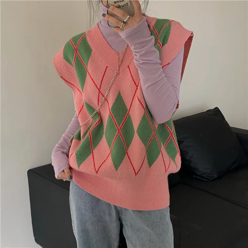 

Женские контраст Алмаз жилет с рисунком свободные; Джемпер с треугольным воротом без рукавов для девочек, розовый свитер один размер