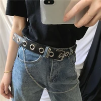 new pu leather waist belt punk hip hop fashion pin buckle black adjustable waistband with chain for ladies girls women jeans z15