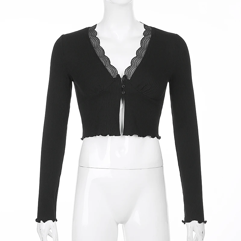 

Sweet Deep V-neck Lace Trim Crop Tops Fashion Slit Hem Long Sleeve Brown T-shirts Vintage 90s Aesthetics Top