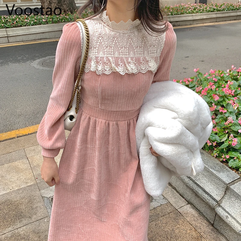 

Весенне-осеннее милое кружевное вельветовое платье в стиле пэчворк, женские элегантные праздвечерние чные платья принцессы с пышными рука...