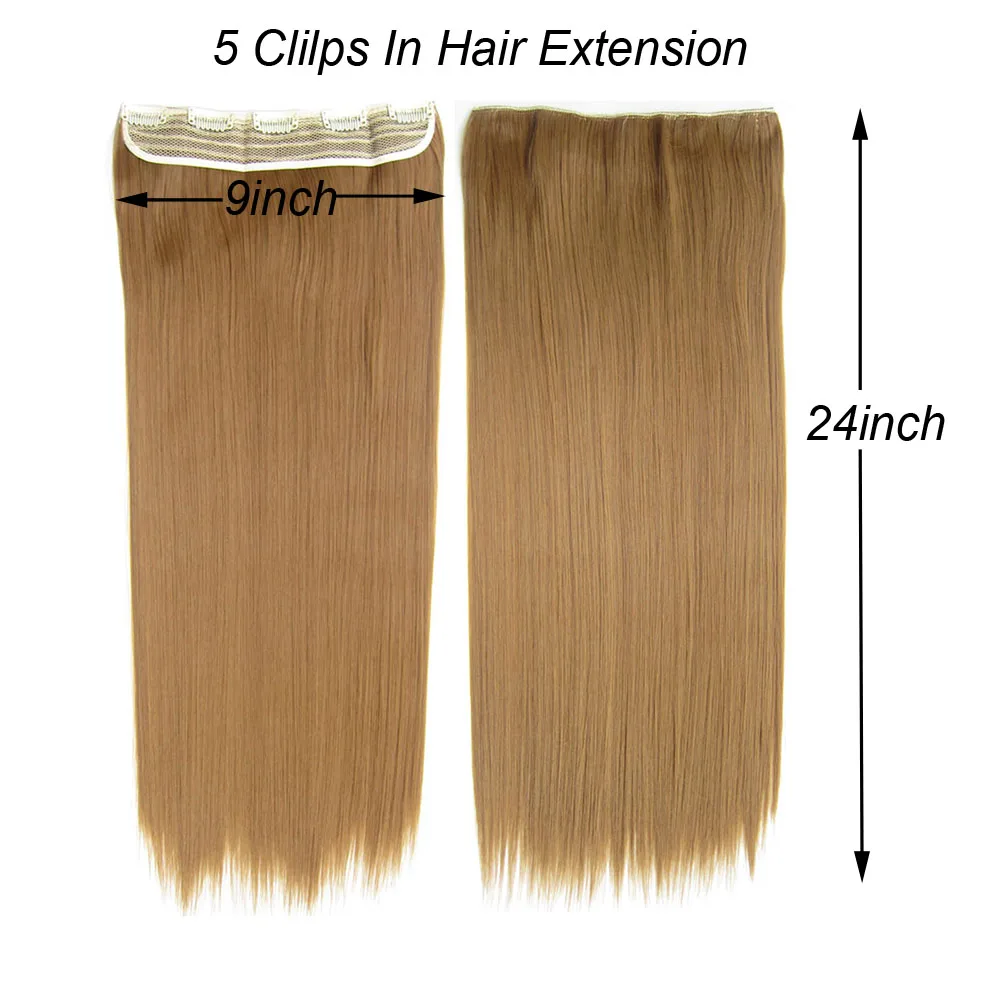GIRLSHOW 10pcs Long Straight 24" Synthetic Clip-in One Piece 5 Clips In Hair Extensions For Women Black Brown | Шиньоны и парики