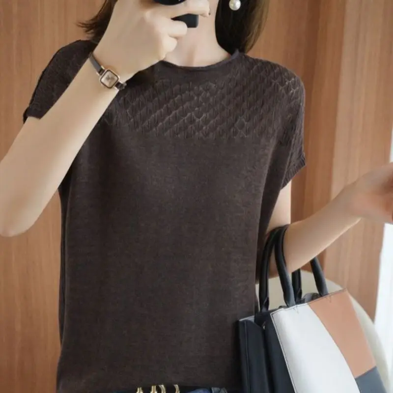 

Summer New Style Short Sleeve T-shirt Female Cotton Knitted Hollow out Crew Neck Thin Loose Breathable Half Sleeve Versatil