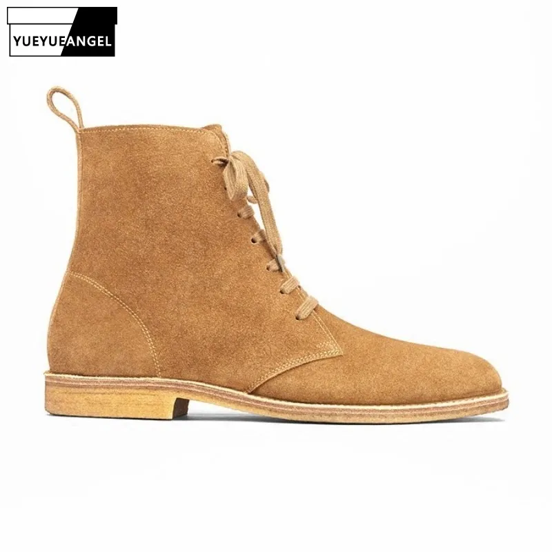 

England Style High-Top Boots Men Lace Up Cow Suede Desert Ankle Boots Shoes Vintage Work Safety Platform Boots Plus Size 46