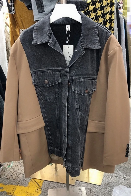 

2020 Spring Autumn New Loose Suit Sleeves Patchwork Denim Jacket Women