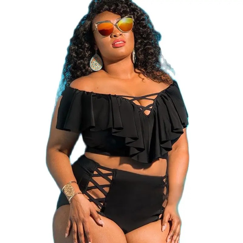 

Women Plus Size Two Pieces Swimsuit Off Shoulder Ruffled Flounce Swimwear Bathing Suit Criss Cross Lace Up Bottoms 5XL Beachwear