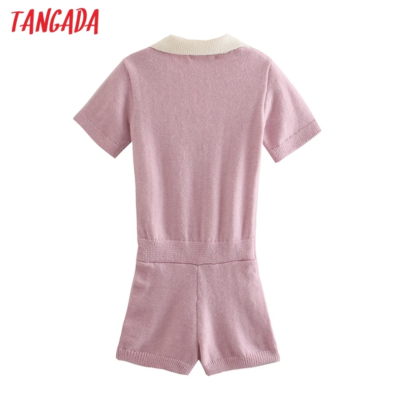 

Tangada Women Vintage Pink Knit Playsuits Elastic Waist Long Sleeve Rompers Ladies Casual Chic Jumpsuits 3N21