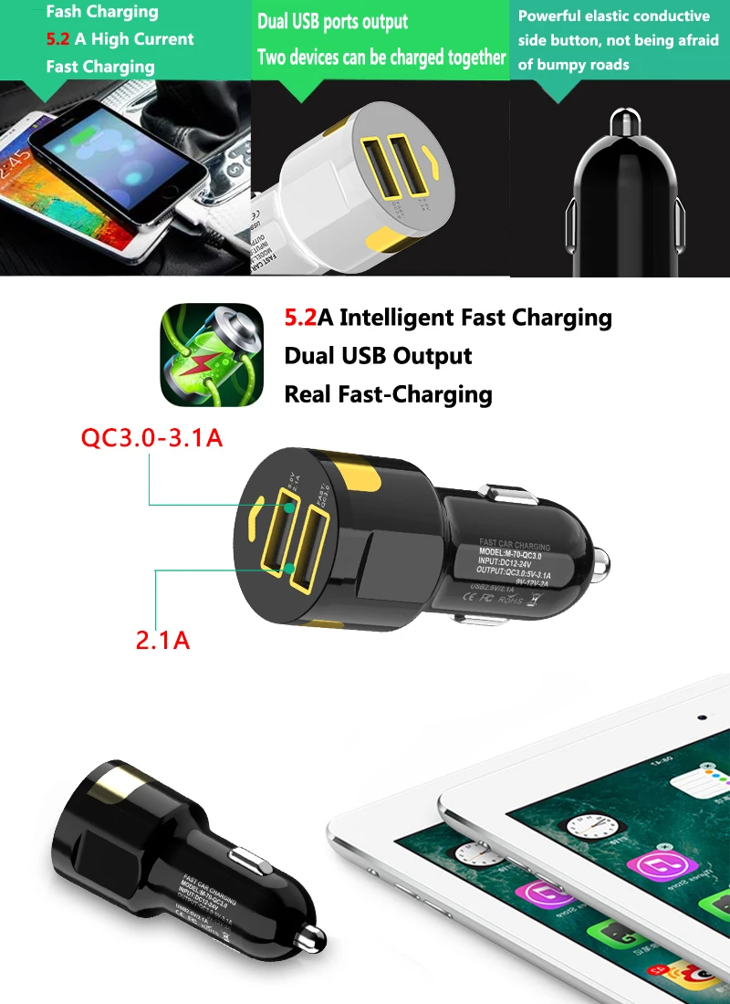 QC3.0 двойной зарядное устройство USB 3.1A адаптер Авто металлическое зарядное устройство для смартфонов/планшетов