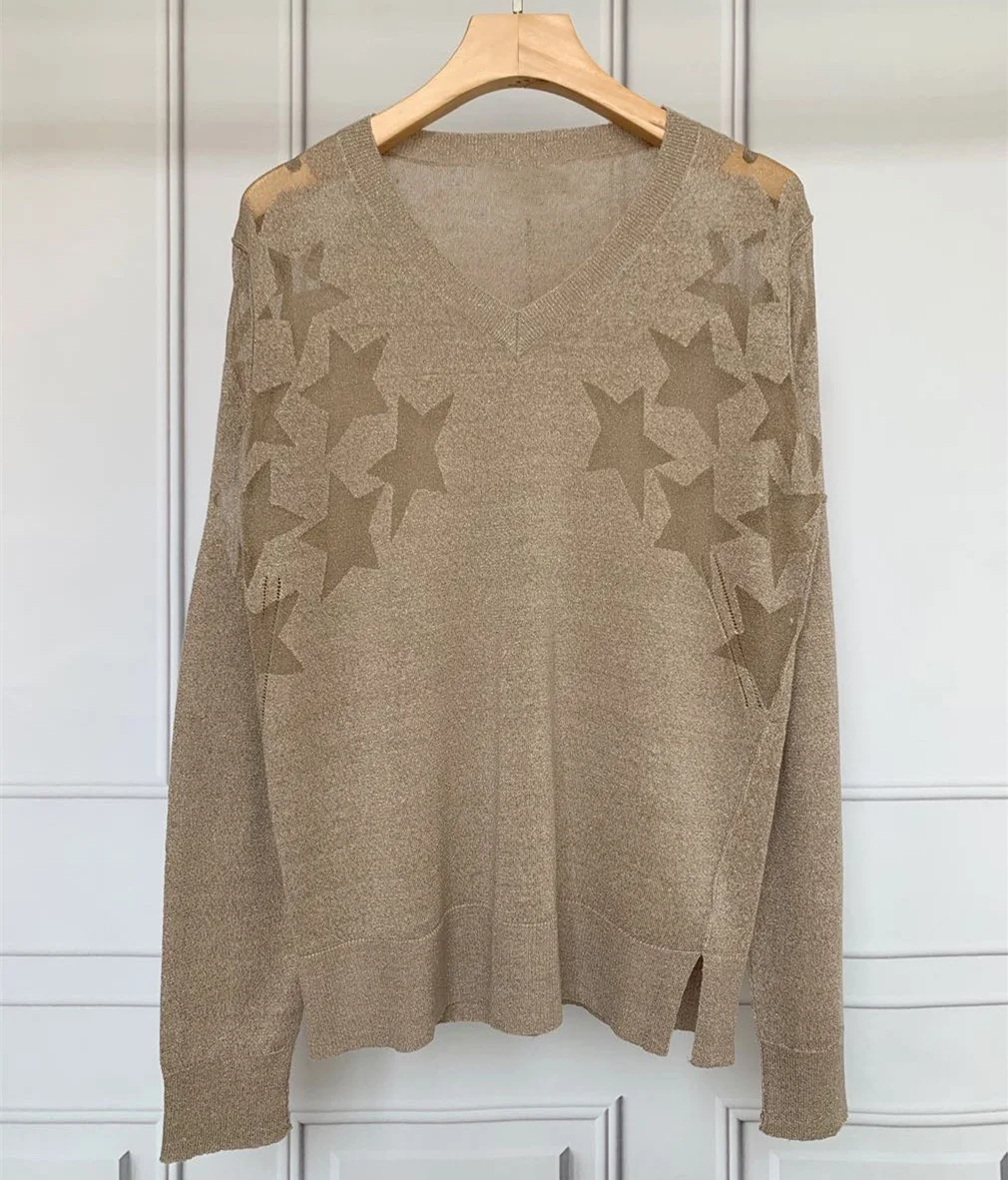 

Women V-Neck Thin Knitted Sweater Lady Long Sleeve Long Sleeve Stars 100% Linen Pullover Tops Female Knitwear 2021 New