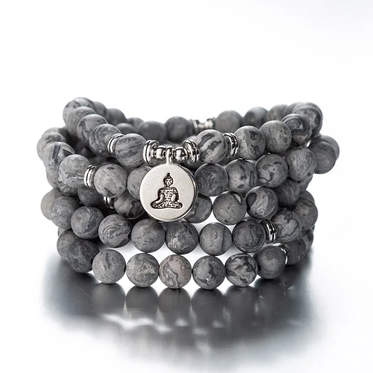 greyagate buddha 108 бусы натуральные камни Мала Будда Лотос дерево чакра Йога пара очарованные эластичные браслеты - Окраска металла: greyagate buddha