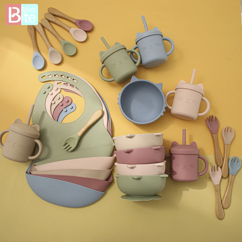

5pcs/1set Silicone Baby Straw Cup Cutlery Cartoon Cat Waterproof Bowl Anti-Slip Cutlery BPA Free Dishes For Baby Tableware