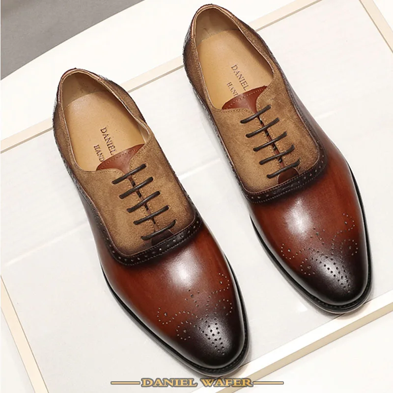 

Italian Leather Shoes Men Luxury New Fashion Oxford Medallion Lace Up Patchwork Suede Brown Black Shoes Wedding Casual Shoes Men