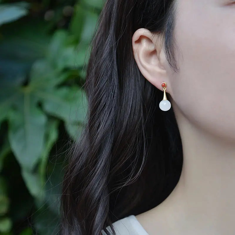 

New silver inlaid natural Hetian white jade round bead earrings Chinese style retro elegant minority design women's jewelry