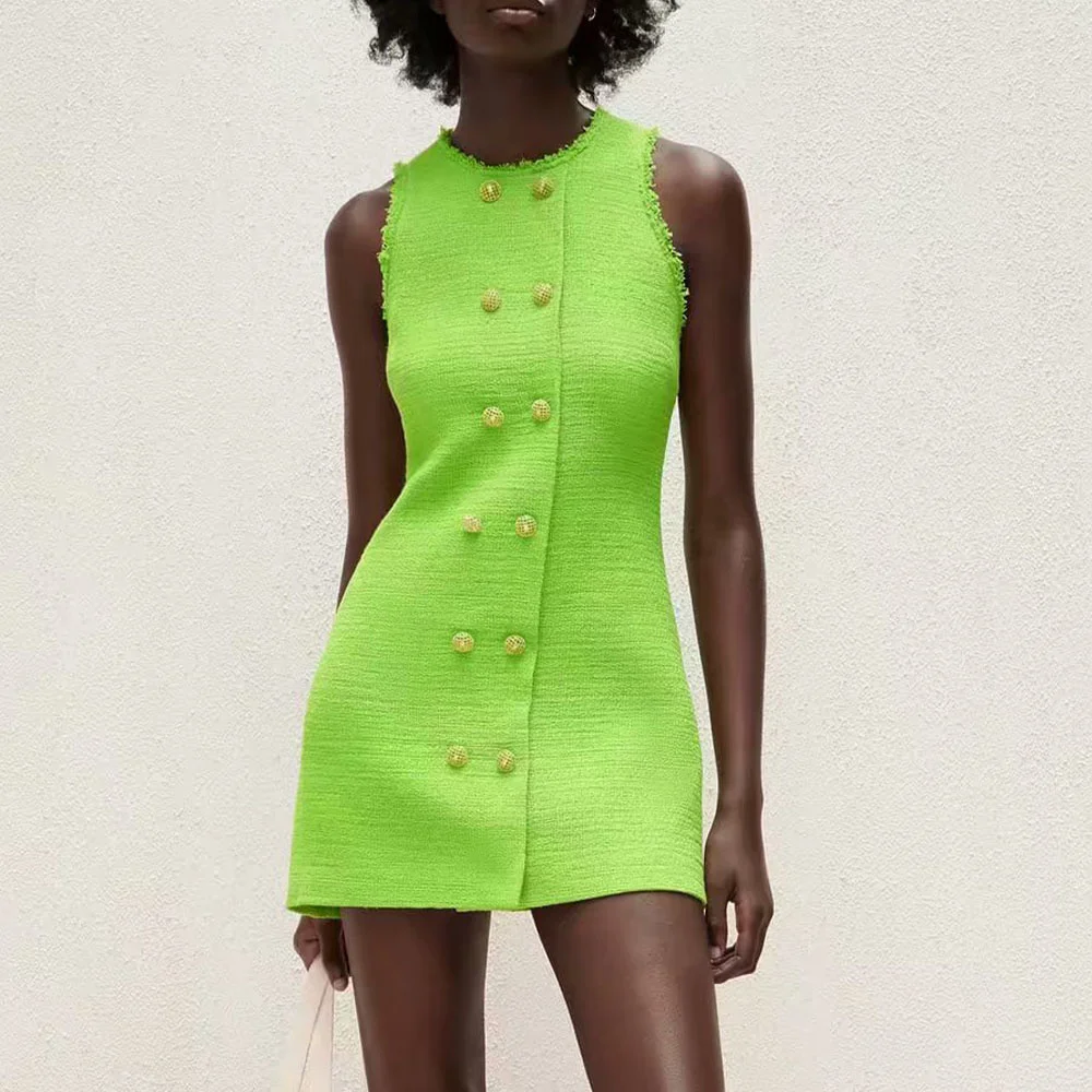 

Платье женское без рукавов, элегантное приталенное текстурированное, с круглым вырезом, на пуговицах, Повседневный Сарафан, цвет зеленый, л...