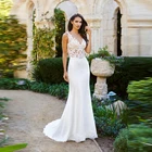 Недорогое очаровательное кружевное свадебное платье русалки с открытой спиной для невесты Свадебные платья с V-образным вырезом иллюзионный лиф с аппликацией распродажа