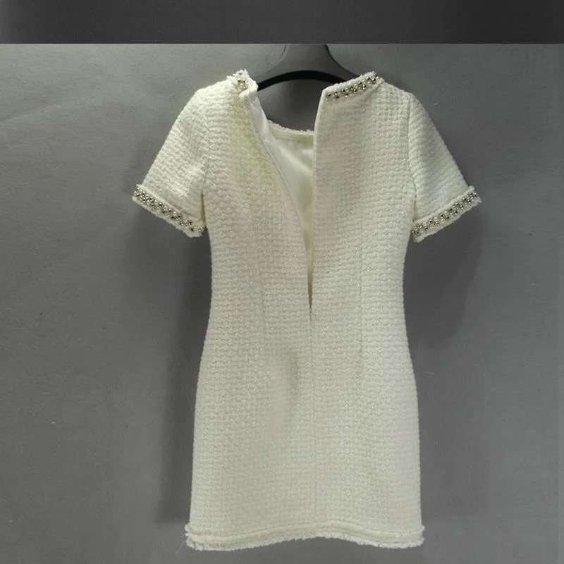 

tweed dress white spring / autumn / winter advanced custom small fragrant wind short-sleeved dress bottoming ladies woolen dress